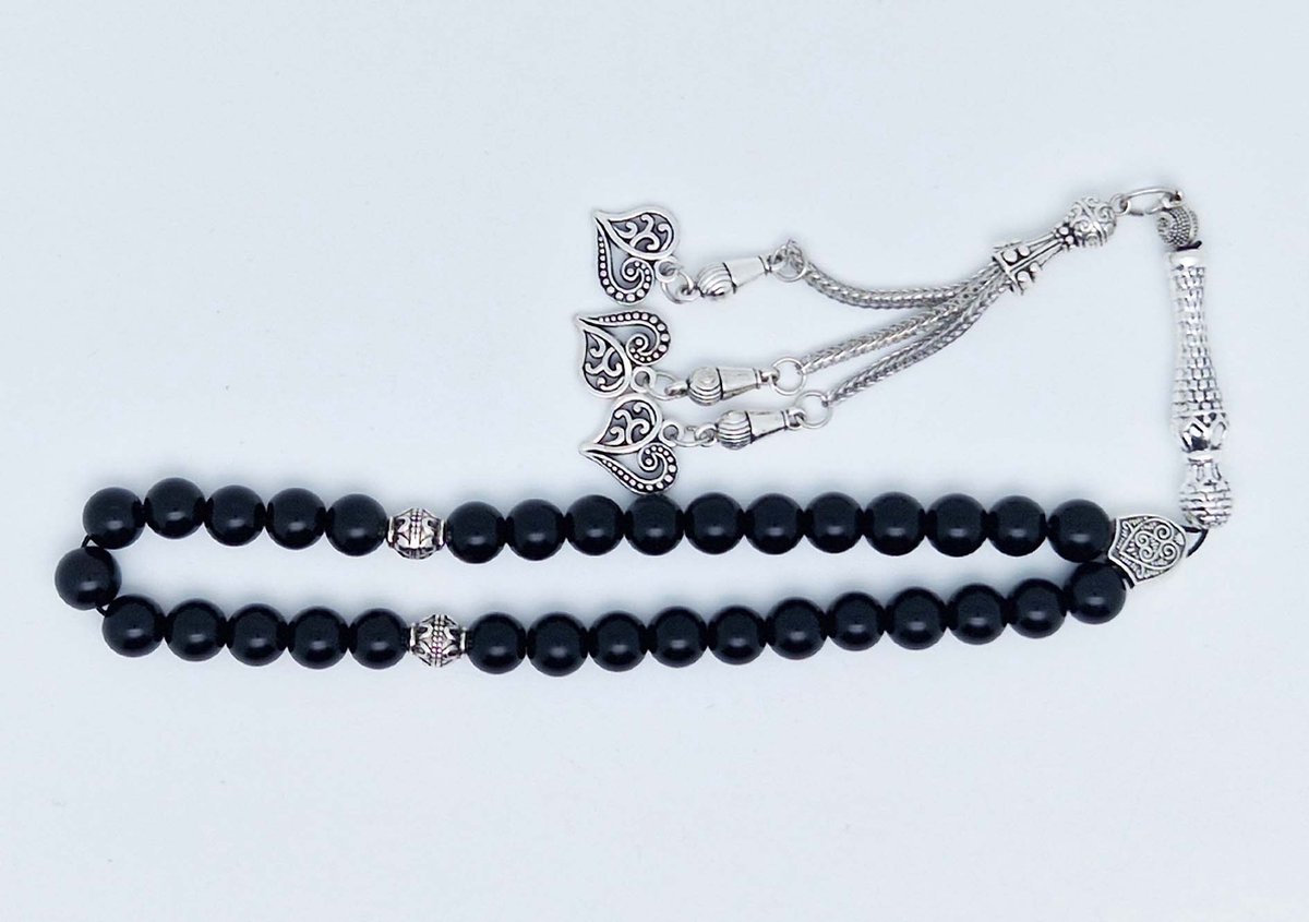 Handgemaakte tesbih klassiek - "Tasbih" natuursteen "Obsidian" - Aantal kralen 33 - Diameter kralen 8 MM - met metaal tassel "Harten" - Een mooi cadeau-idee