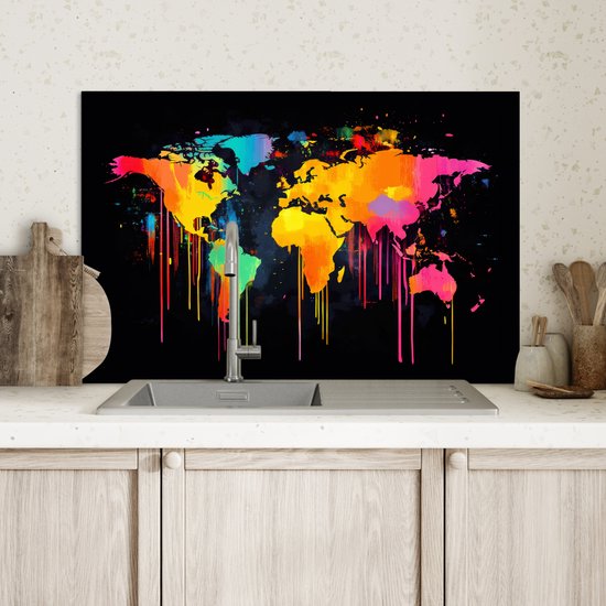 Spatscherm keuken 60x40 cm - Kookplaat achterwand Wereldkaart - Verf - Kleurrijk - Graffiti - Wereld - Muurbeschermer - Spatwand fornuis - Hoogwaardig aluminium