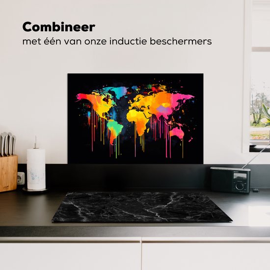 Spatscherm keuken 60x40 cm - Kookplaat achterwand Wereldkaart - Verf - Kleurrijk - Graffiti - Wereld - Muurbeschermer - Spatwand fornuis - Hoogwaardig aluminium