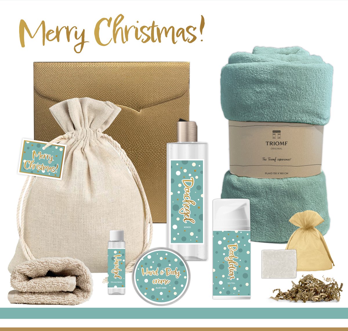 Goedkoopste Geschenkset “Merry Christmas!” - 8 producten - 1210 gram | Luxe Kerst Cadeaubox voor haar - Wellness Pakket Vrouw - Giftset Fijne feestdagen - Cadeaupakket Prettige Kerstdagen - Kerstcadeau Kerstpakket Cadeau - Relatiegeschenk Gift Set Goud Turquoise