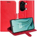 Rood wallet book case met kaarthouders en telefoon. De hoes is opengeklapt en de telefoon staat rechtop.