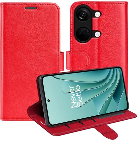 Rood wallet book case met kaarthouders en telefoon. De hoes is opengeklapt en de telefoon staat rechtop.