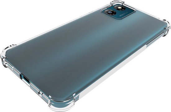 Doorzichtig TPU hoesje met verstevigde hoeken om een blauwe smartphone, achterkant zichtbaar.