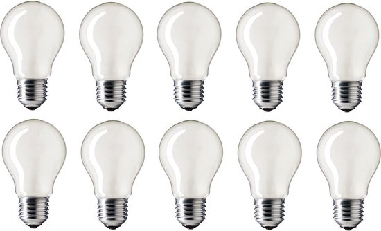 Tien matte, dimbare Philips gloeilampen met grote E27 fitting.