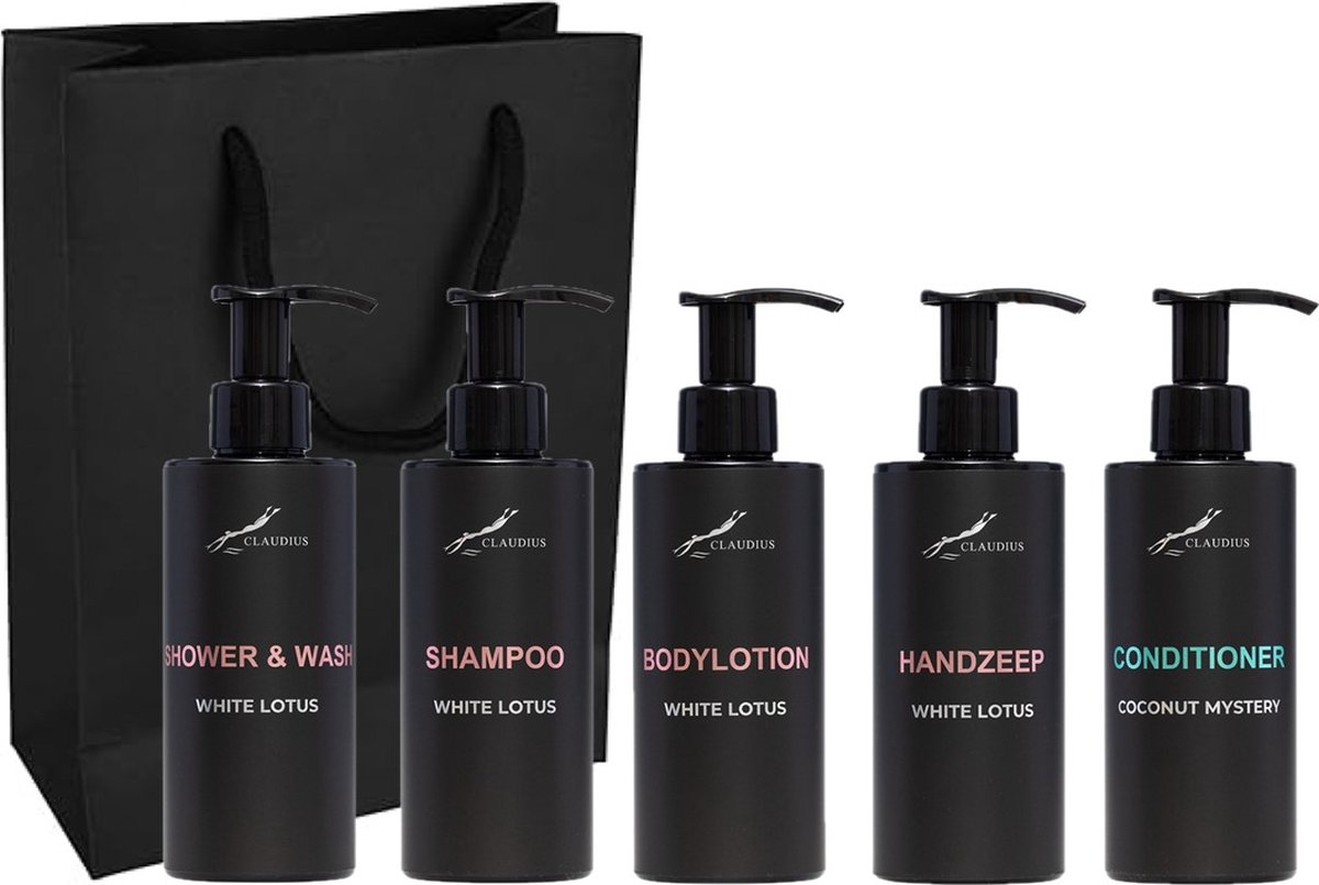 Goedkoopste Compleet pakket White Lotus - Shower & Wash Shampoo Bodylotion Handzeep Coconut conditioner - 300 ml per fles - complete set van 5 stuks - met luxe gift tas - kerst cadeau - giftset voor hem en haar