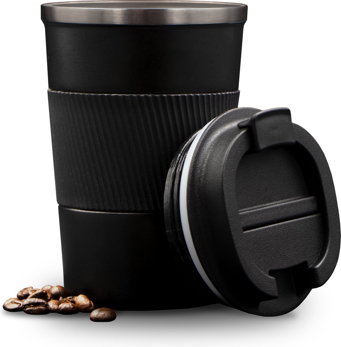 Thermosbeker 380 ML Koffiebeker to go - Travel mug dubbelwandig - Zwart - RVS - Voor koffie en thee - Lekdichte reisbeker - DULA