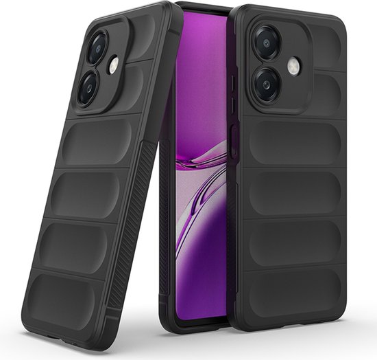 Twee zwarte telefoonhoesjes, één in profiel en de ander op een telefoon met paars scherm.