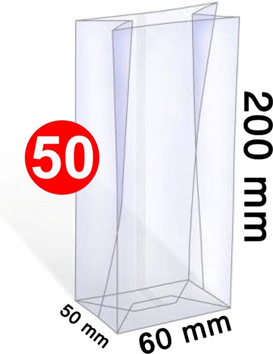 Transparant blokbodemzakje van 60x50x200mm, met een rode cirkel met het getal '50'.
