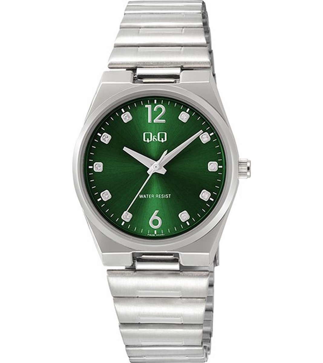 QQ Q84B-004PY - Horloge - Polshorloge - Analoog - Dames - Vrouwen - stalen band - Metaal - Overig - Cijfers - Stippen - Briljanten - Zilverkleurig - DonkerGroen