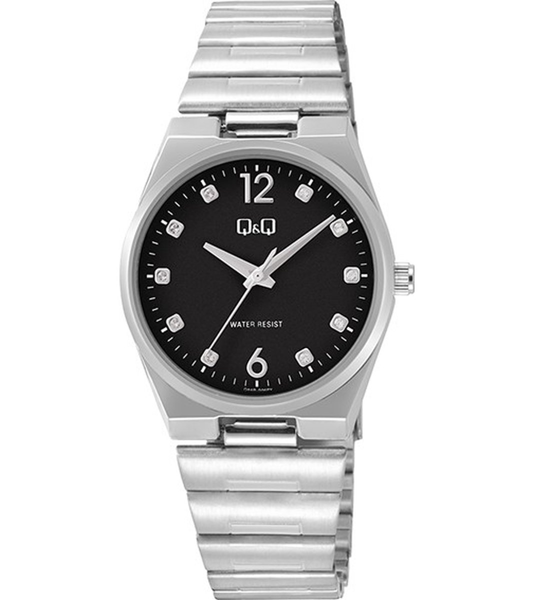 QQ Q84B-006PY - Horloge - Polshorloge - Analoog - Dames - Vrouwen - stalen band - Metaal - Overig - Cijfers - Stippen - Briljanten - Zilverkleurig - Zwart