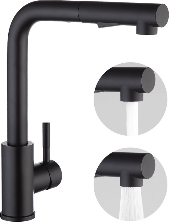 Robinet de cuisine noir avec tête de pulvérisation rétractable et deux modes de jet d'eau.