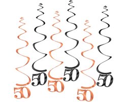 Q2Party - 50 Jaar Swirl - Slinger - Leeftijd - Versiering - Verjaardag - decoratie - Feest - Hangdecoratie - Rose Goud/Zwart – 6 stuks