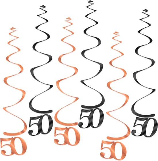 Q2Party - 50 Jaar Swirl - Slinger - Leeftijd - Versiering - Verjaardag - decoratie - Feest - Hangdecoratie - Rose Goud/Zwart – 6 stuks