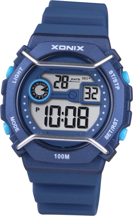 Xonix digitale horloge met blauwe siliconen band en achthoekige kast. Met lichtblauwe knoppen en datum-/tijdweergave.