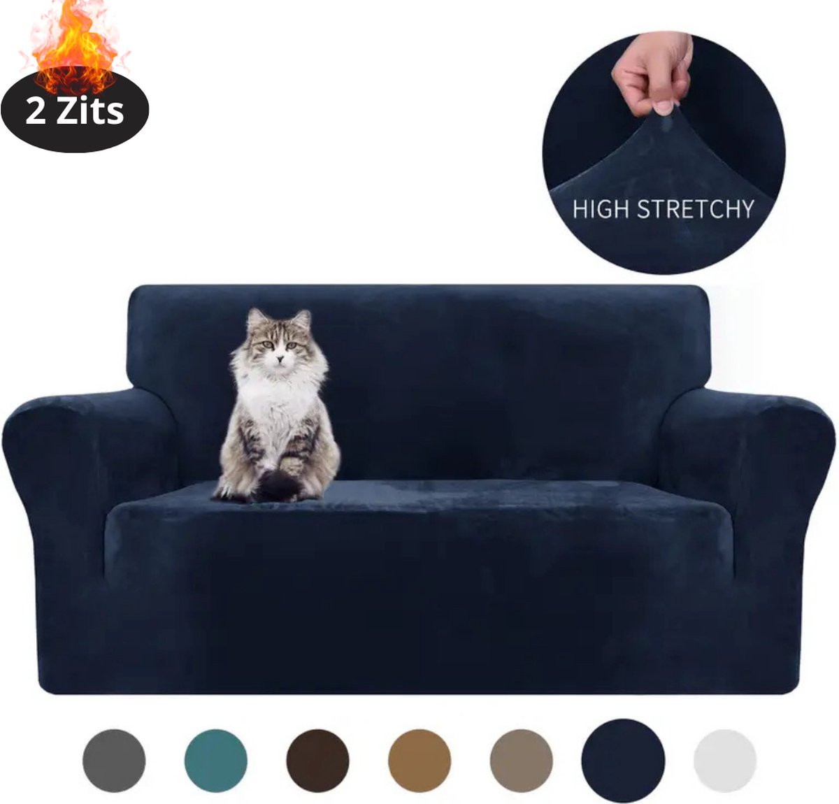Livano Bankhoes - Bankbeschermer - Stretch - Sofa Cover - Fluweel - Marineblauw - 2 Zits