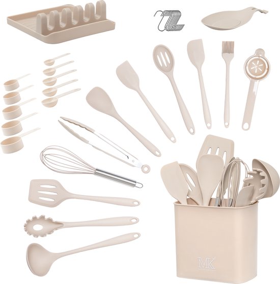 MK - Keukengerei - Kitchen Set - 33 delige set - Hittebestendig kookgerei - Siliconen Keukengerei houder - BPA vrij - Japandi beige