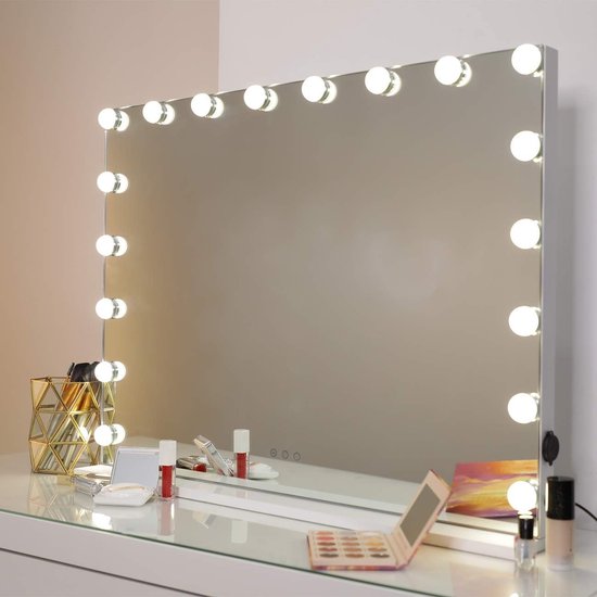 Bright Beauty Vanity hollywood make up spiegel met verlichting - 80 cm x 60 cm - zonder rand - drie lichtstanden - wit