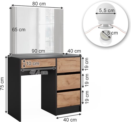 Hioshop Emma kaptafel 4 laden 1 plank- met spiegel wit hoogglans | Leen Bakker