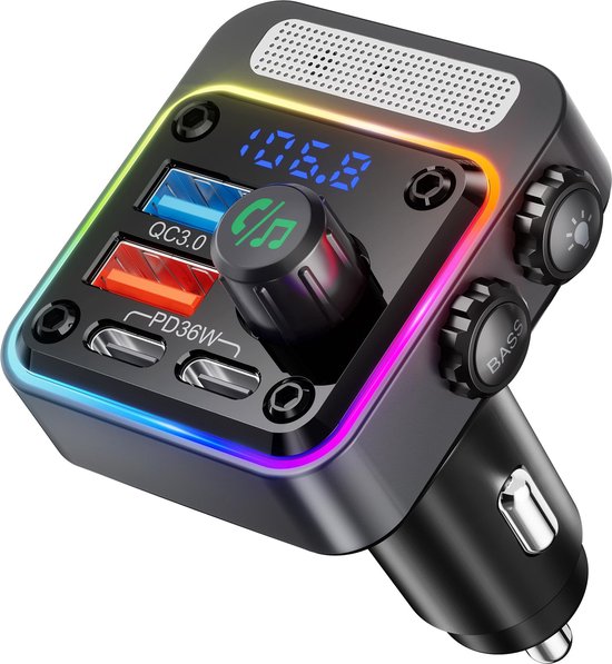 FM Transmitter Bluetooth - Bluetooth 5.3 autoadapter met 4 oplaadpoorten - Draadloze radio FM-zender met diepe basspeler en 5 kleuren LED-achtergrondverlichting - Handsfree bellen - 54W [PD 36W en QC3.0 18W] - Carkit - Autolader