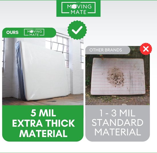 Vergelijking van een schone, witte matras in My Moving Mate beschermhoes naast een vuile, beschadigde matras van een ander merk.