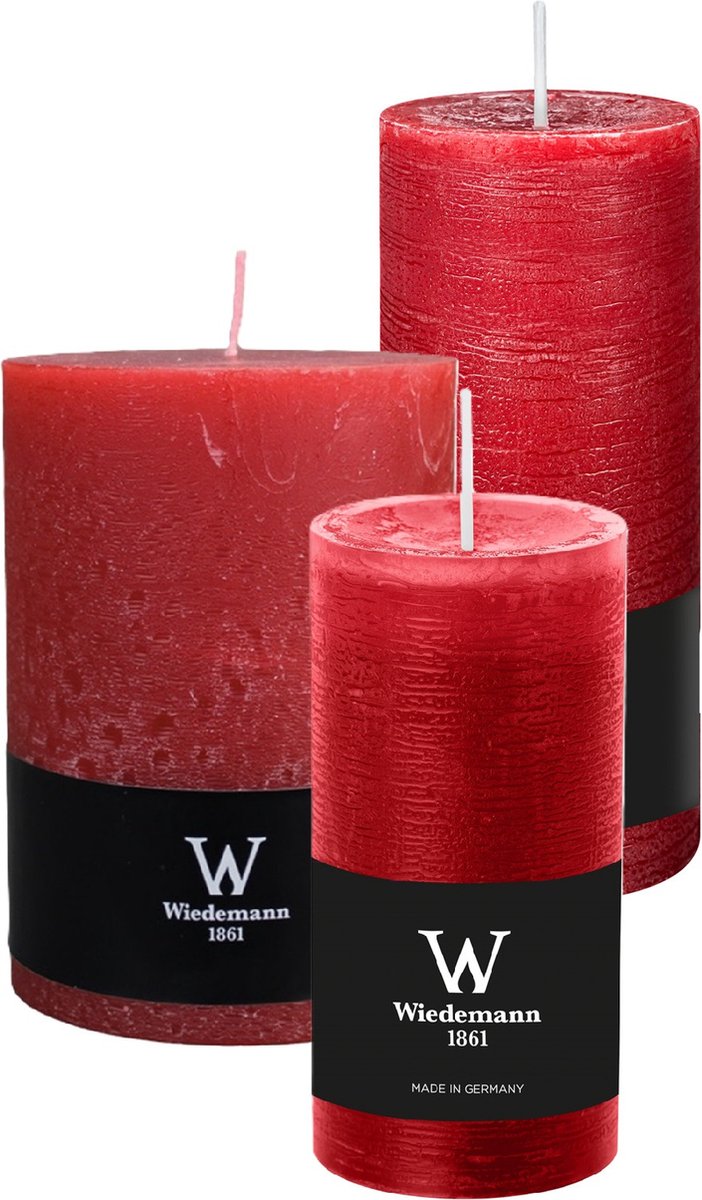 Wiedemann Cilinderkaarsen/stompkaarsen - set van 3 - rustieke kaars - rood - 10x14/7x16/6x12 cm