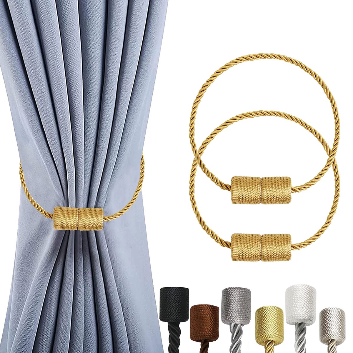 La'Moussawi ® Innovatieve Magnetische Gordijnhouders met Sterke, Vernikkelde Magneten en Decoratief Gevlochten Touw
