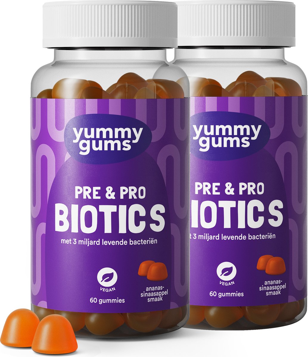 Goedkoopste Yummygums • 2x Pre- & Probiotica gummies • bevordert de spijsvertering • Suikerarm • 2x 60 gummies