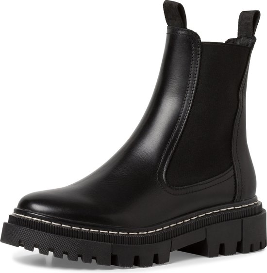 Zwarte leren chelsea laars met dikke zool en witte stiksels, elastische zijkanten en lusjes aan de achterkant.