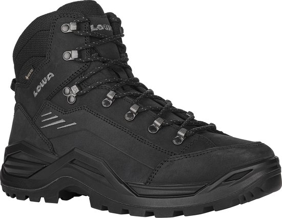 Zwarte LOWA Renegade wandelschoen met veters, Gore-Tex logo en dikke zool.