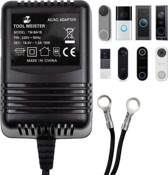 Tool Meister BA18 - Adapter voor Smart Deurbel - Universele Beltransformator - Beltrafo - Transformator - Op Maat voor Google Nest, Eufy, Ring, Zedar, TP-Link, Arlo, Ezviz, Blink, Netatmo, Hombli - 5 Meter Kabel - AC/AC -18V - 1A - 18VA (18W)