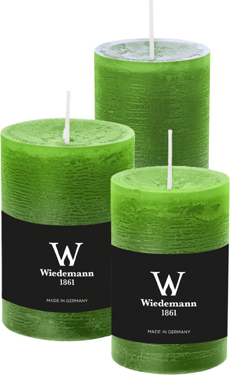 Wiedemann Cilinderkaarsen/stompkaarsen - set van 3 - rustieke kaars - lichtgroen - 6x9/6x12/7x10 cm