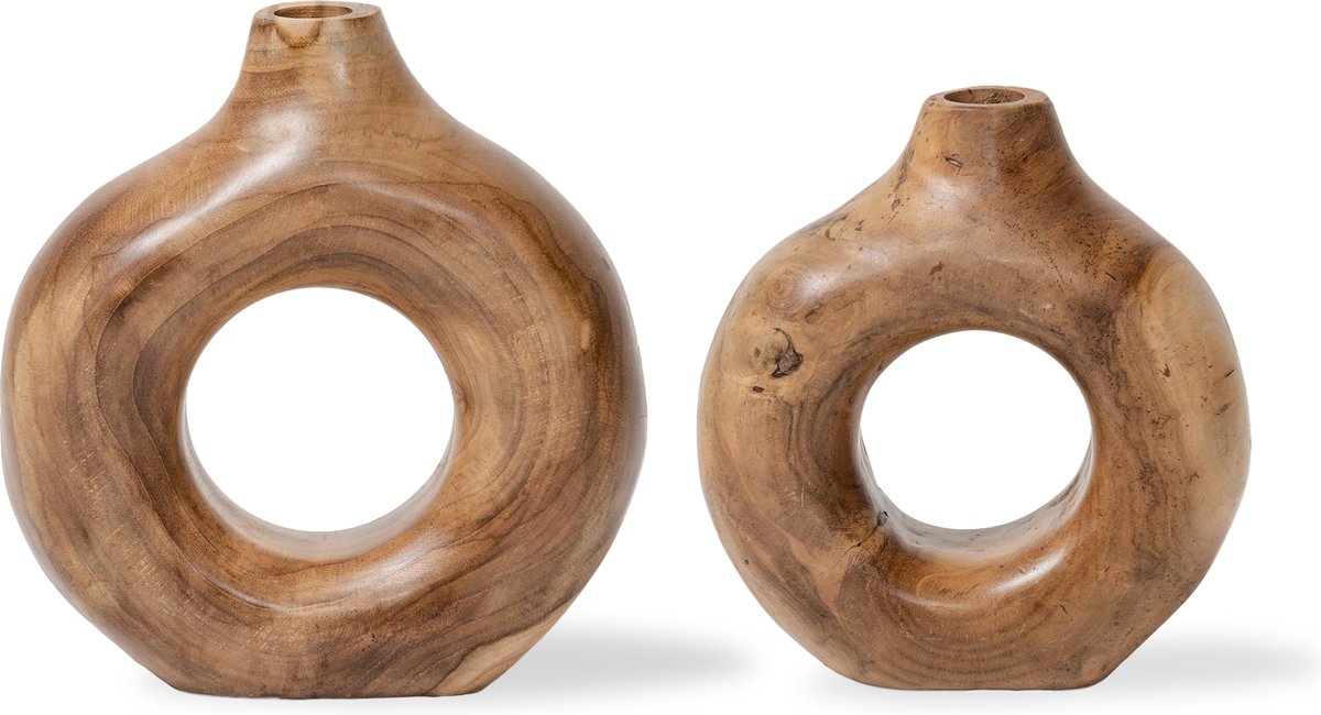 Houten vaas rond - naturel teakhout - ronde design vazen - traditioneel handgemaakt - premium kwaliteit - set van 2