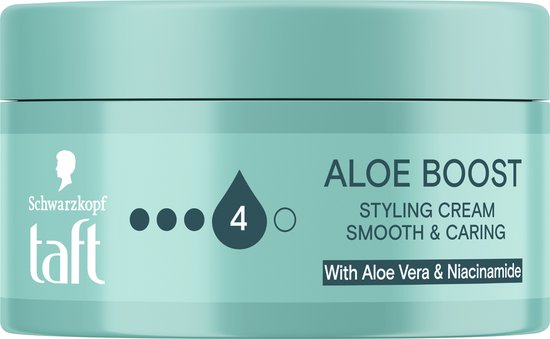 Taft Aloe Boost Styling Cream pot in turkoois met het logo en "With Aloe Vera & Niacinamide".
