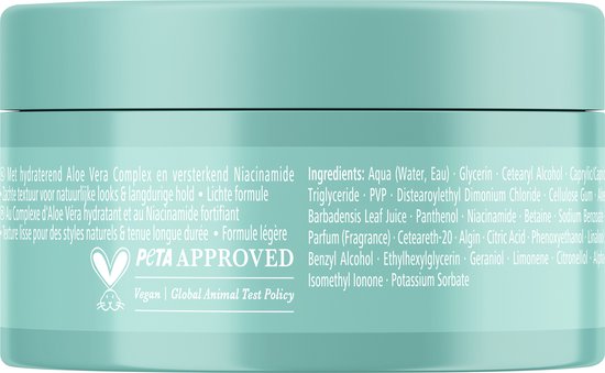 Achterkant van Taft Aloe Boost Styling Cream pot met ingrediëntenlijst en PETA APPROVED logo.