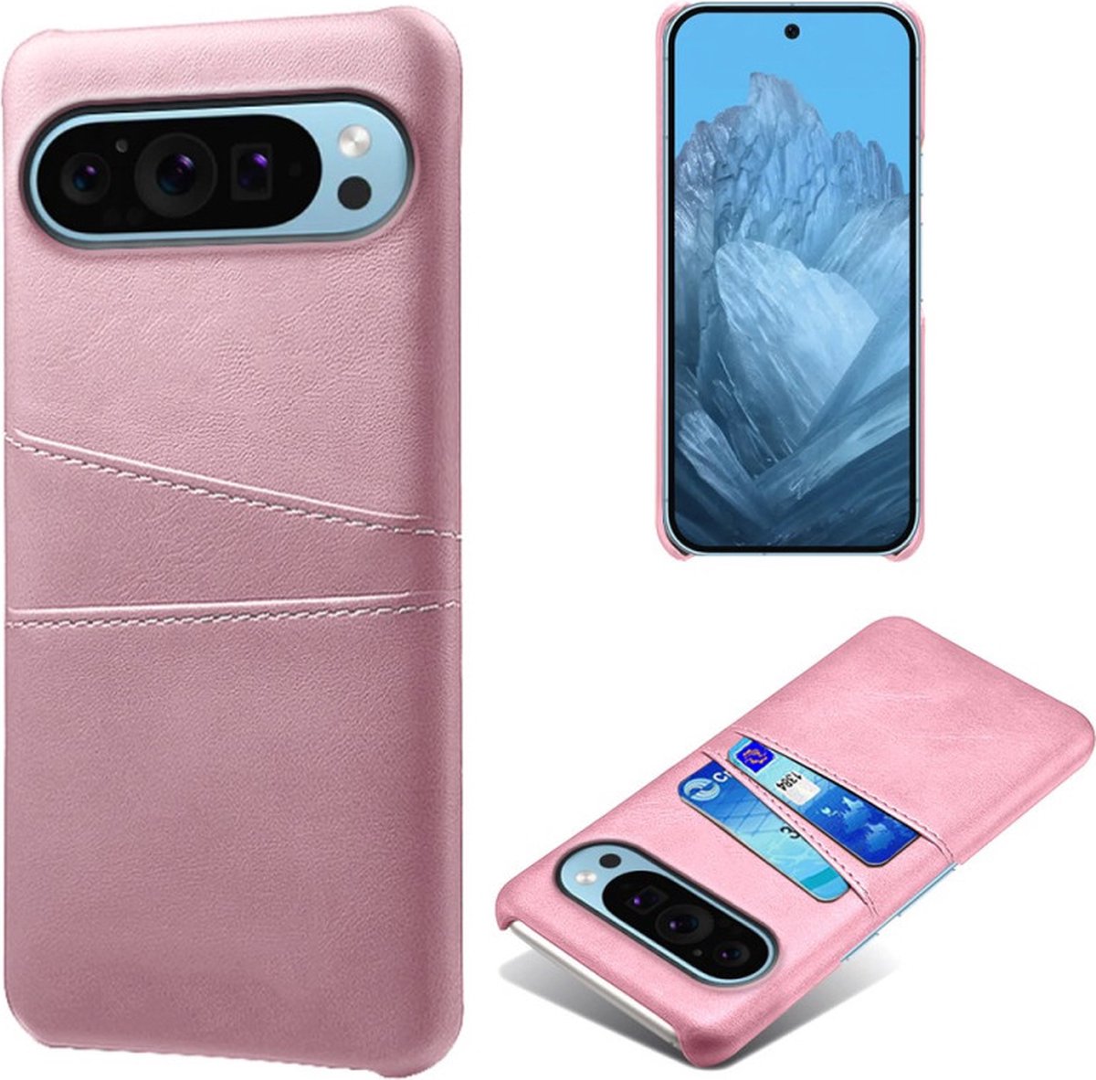 Back Cover met Opbergvakjes + Glas Screenprotector voor Google Pixel 9 / 9 Pro _ Roze Goud