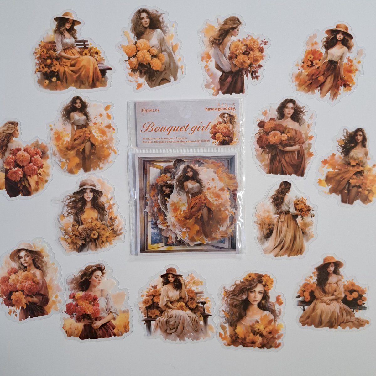 Bouquet girl stickers - transparante stickers - 30 stuks - Scrapbook - Bullet journal stickers - Oranje - Bloemen - Stickers volwassenen en kinderen