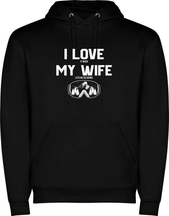 Foto: Zwarte unisex hoodie met kleurrijke i love it when my wife let s me go skiing skien wintersport print full color color merk roly maat s