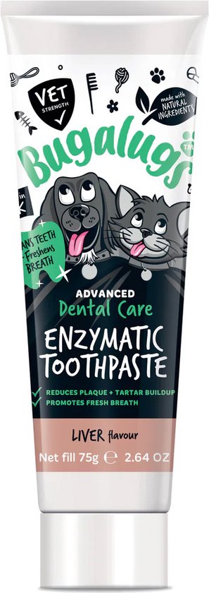 Tube Bugalugs enzymatische tandpasta met afbeeldingen van een hond, kat en beestjes. Lever-smaak.