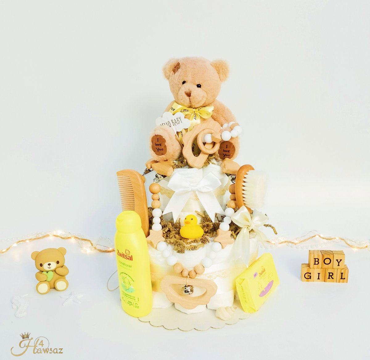 Goedkoopste Genderneutraal luiertaart 39 stuks - kraamcadeau - Hawsaz.nl Cadeau -Originele Babycadeau's - 30 luiers - Babycadeau - Babygeschenkset - Knuffel - Babyshower - Speenkoord - Bijtring - Wagenspanner -Gepersonaliseerde cadeaus - Zwitsal - Babyverzorging