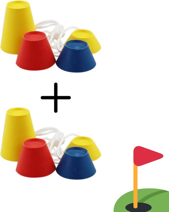 Twee sets van vier gekleurde golf tees (geel, rood, blauw) en een golfvlag op een witte achtergrond.