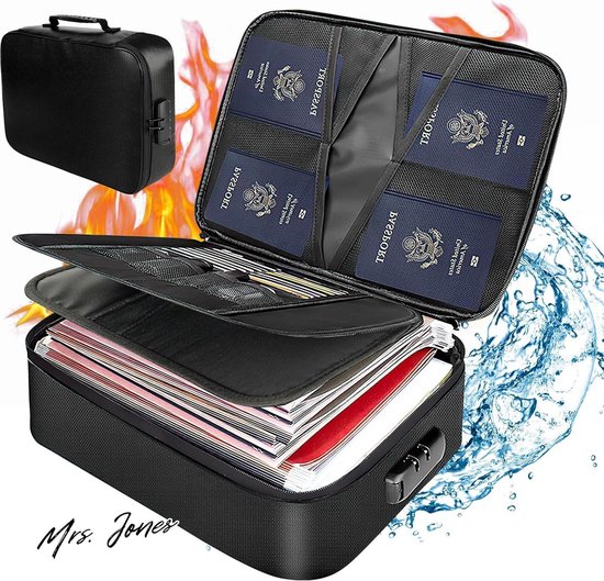 Madame Jones Sac à documents ignifuge avec serrure à combinaison, étanche, ignifuge, boîte à documents, double fermeture éclair – Portable, ignifuge, dossier en éventail, passeport, documents juridiques, 36 x 27 x 10 cm.