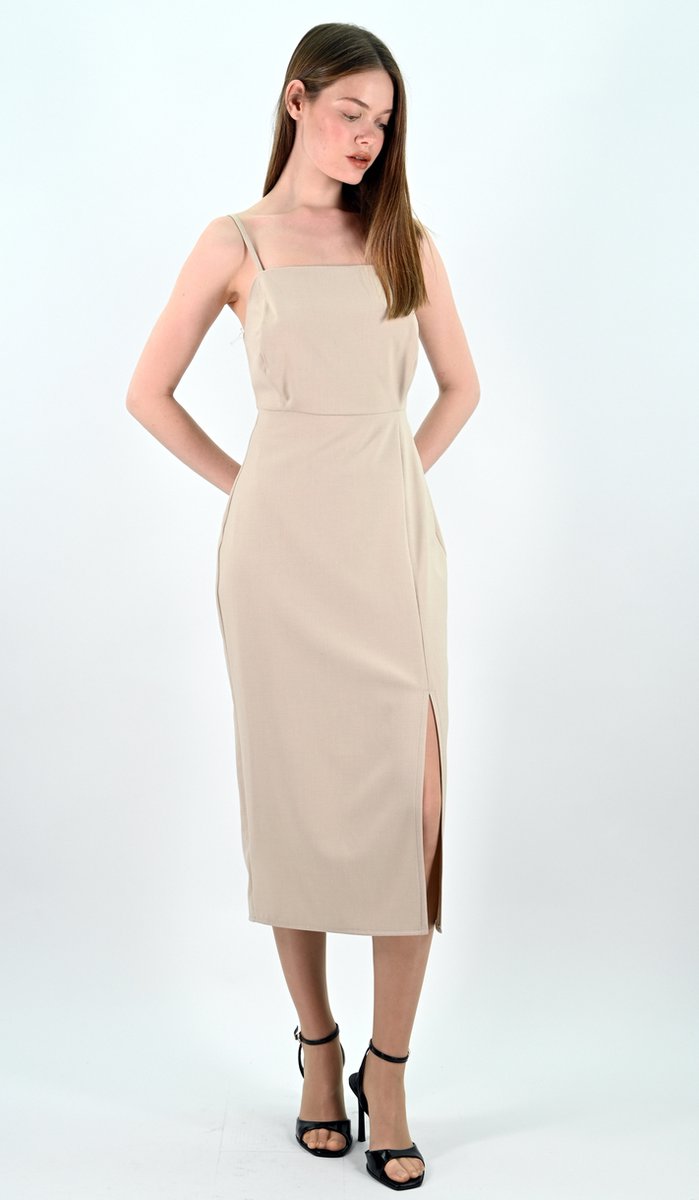 YesMooi - Elegante Midi Jurk met Spaghettibandjes - Slip Dress - Beige - M (38)