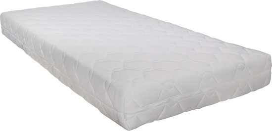 Witte ledikantmatras met rits en ruitpatroon.