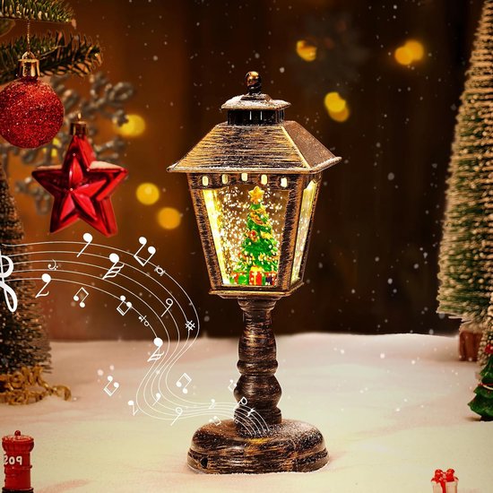 oCreon Kerst Lantaarn Sneeuwbol met Muziek - Vintage Water Glinsterende Nachtlamp USB & Batterij