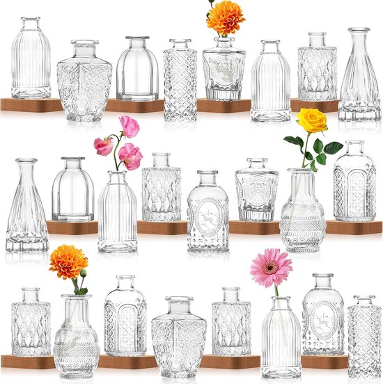 INFTYLE Glazen bud vaas set van 24, kleine glazen vaas voor bloemen, knop vazen in bulk, vintage bloemfles petite glazen vaas voor bloemstukken, decoratieve centerpc, geschikt decor, thuis bruiloft