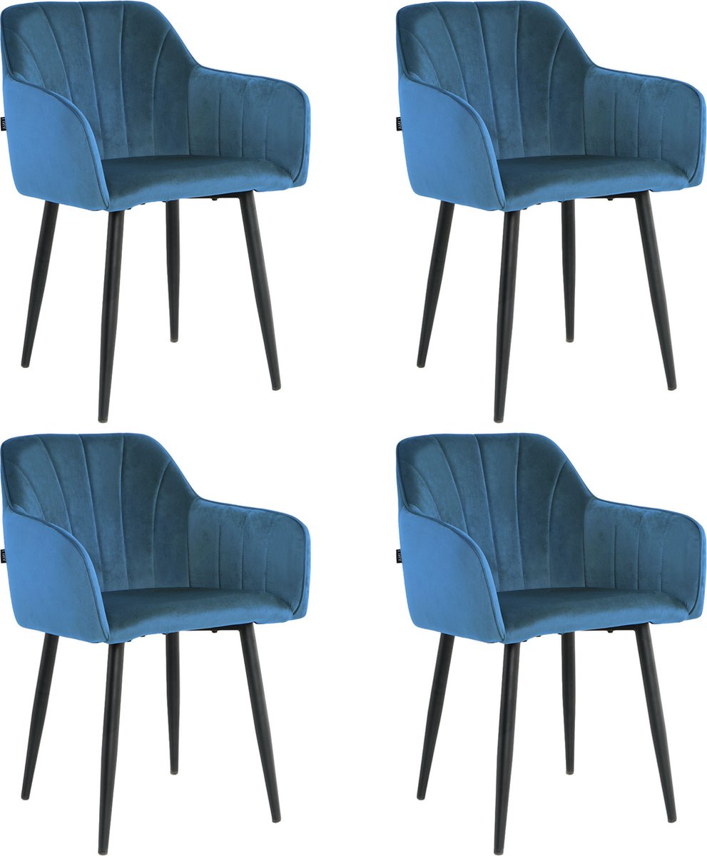 Lina Rio Eetkamerstoelen - Blauw - Set van 4 - Velvet