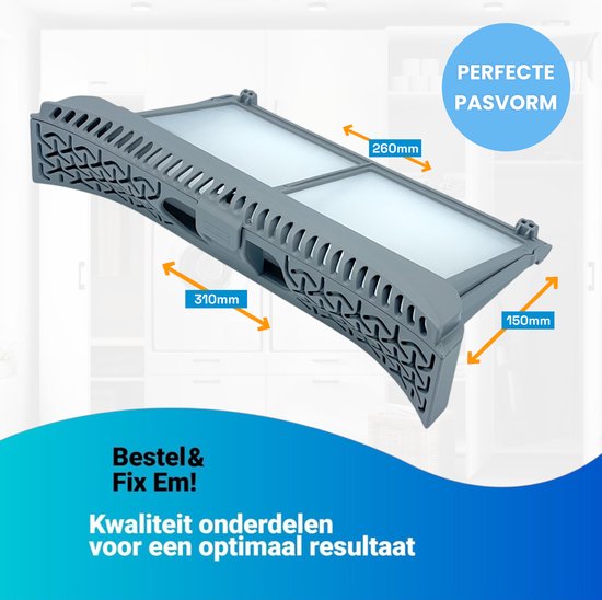 Grijs pluizenfilter met decoratieve patronen. Afmetingen: 310mm, 260mm, 150mm. "Perfecte pasvorm"
