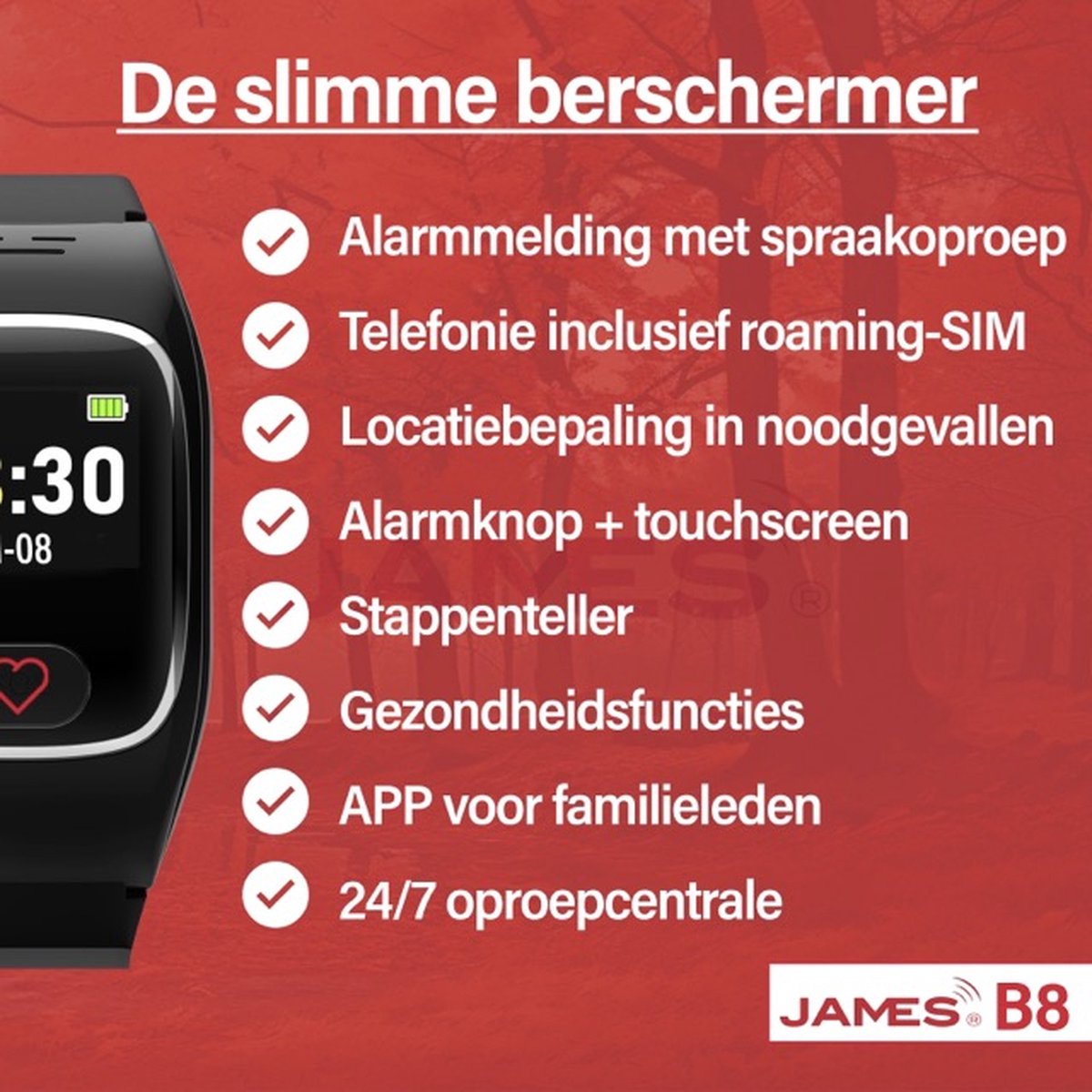 James B6 Noodoproep- en veiligheidsklok voor senioren, valherkenning, noodoproepknop & GPS-locatie, gezondheidsfuncties bijv. hartslag, familie- app simkaart inbegrepen in maandelijkse prijs, wit