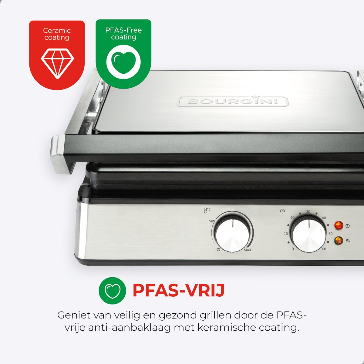 Bourgini - Tosti apparaat - Contactgrill - Grill apparaat gebruik als Panini grill en Tosti ijzer - PFAS-vrije keramische coating - RVS contact grill thumbnail 6