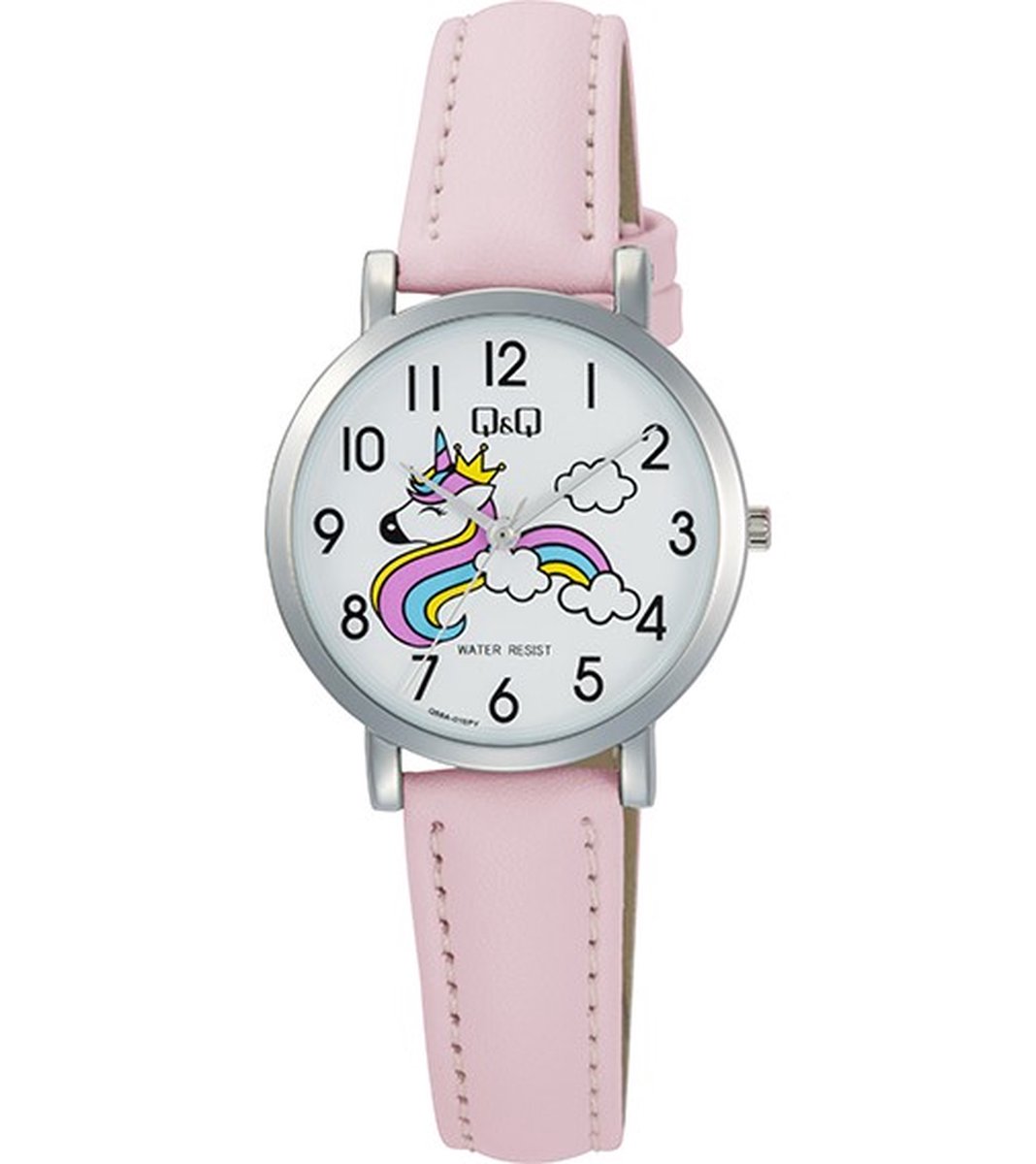 QQ Q58A-010PY - Horloge - Polshorloge - Analoog - Vrouwen - Dames - Leren band - Rond - Metaal - Cijfers - Eenhoorn - Roze - Zilverkleurig